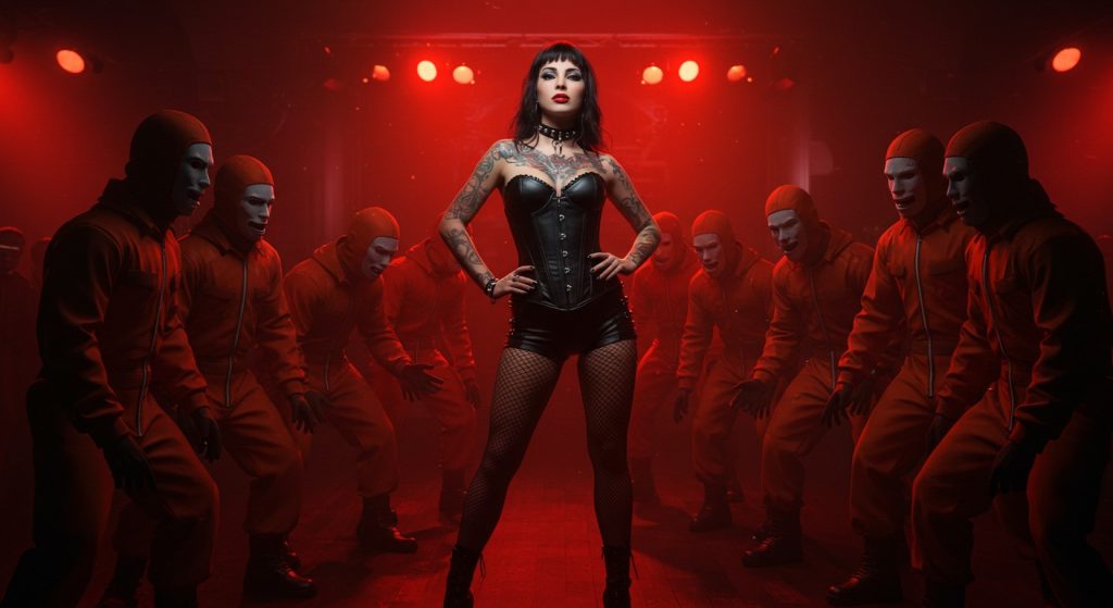 Sabien DeMonia directs and stars in her wildest 8-on-1 gangbang for Evil Angel, delivering intense anal, DP, and more in a Slipknot-inspired scene.