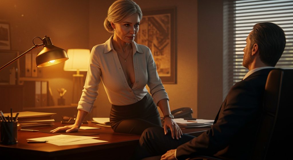 DD White trades steamy favors for family in Naughty America GILF scene with Sam Shock. Grandma blows, rides boss in taboo office romp full of blowjobs, titty fucks, and facial finish.